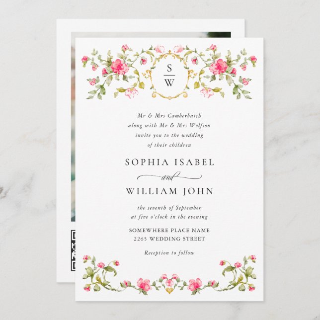 Meadow Pastel French Roses Floral Wedding QR code Invitation (Front/Back)