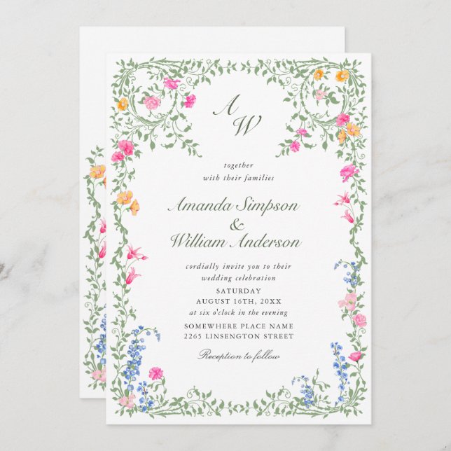 Meadow Pastel French Roses Floral Wedding QR code Invitation (Front/Back)