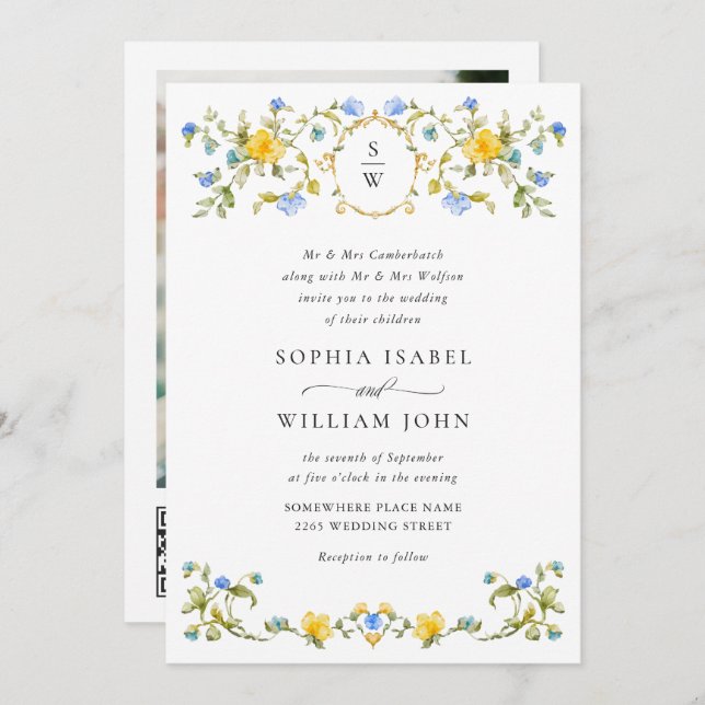 Meadow Pastel French Roses Floral Wedding QR code Invitation (Front/Back)