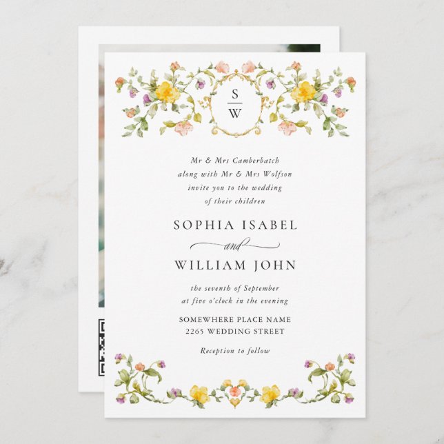 Meadow Pastel French Roses Floral Wedding QR code Invitation (Front/Back)