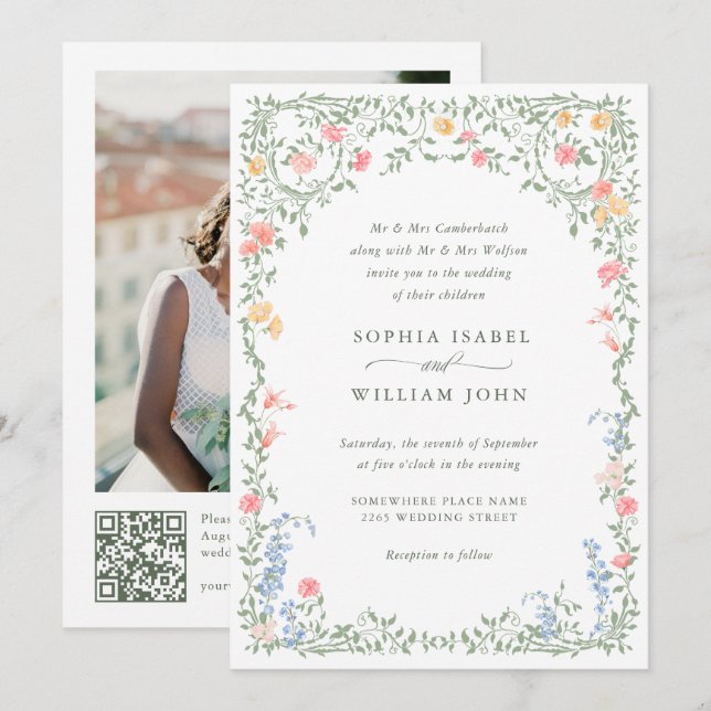 Meadow Pastel French Roses Floral Wedding QR code Invitation (Front/Back)