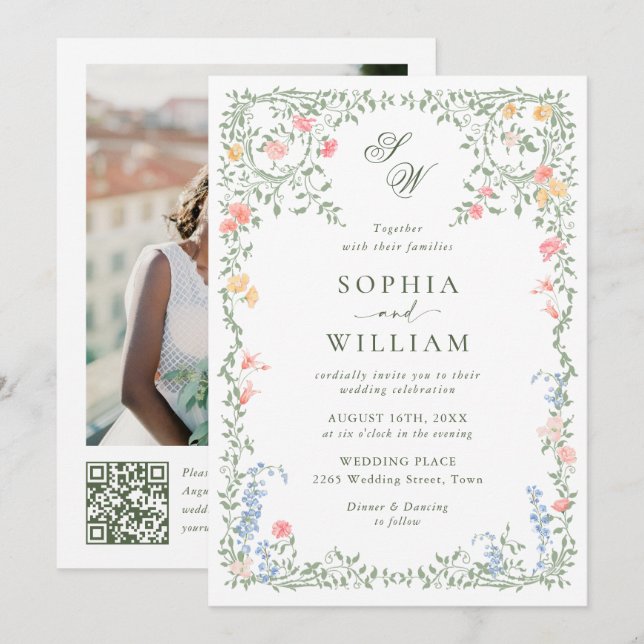 Meadow Pastel French Roses Floral Wedding QR code Invitation (Front/Back)