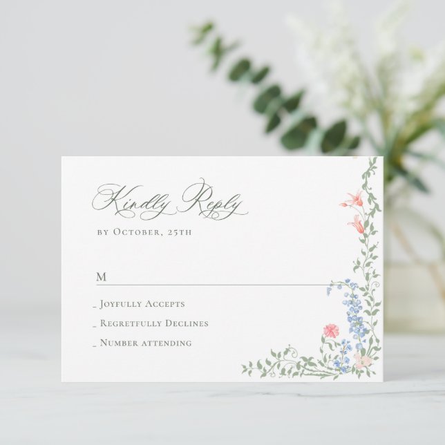 Meadow Pastel French Roses Floral Wedding RSVP Card (Standing Front)