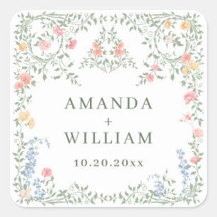 Meadow Pastel French Roses Floral Wedding Square Sticker