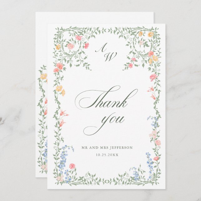 Meadow Pastel French Roses Floral Wedding Thank You Card (Front/Back)