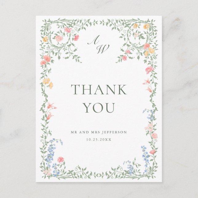 Meadow Pastel French Roses Thank You Postcard (Front)