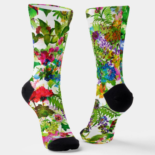 Meadow Summer Blossoms Botanical Garden Watercolor Socks (Angled)