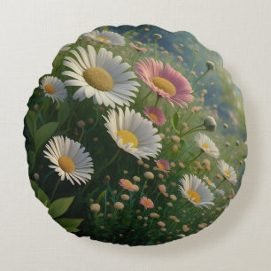 Meadow Whispers: A Daisy Symphony in Bloom Round Cushion