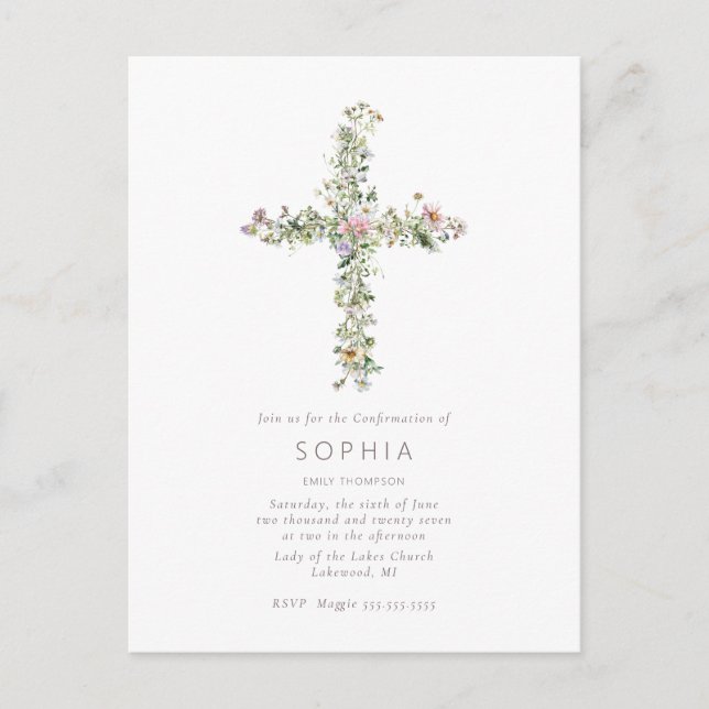 Meadow wildflower cross Confirmation Celebration Postcard (Front)