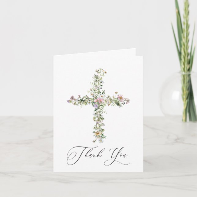 Meadow wildflower cross Religious Thank You Invitation (Front)