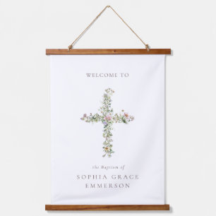 Meadow wildflower cross the Baptism Christening Hanging Tapestry