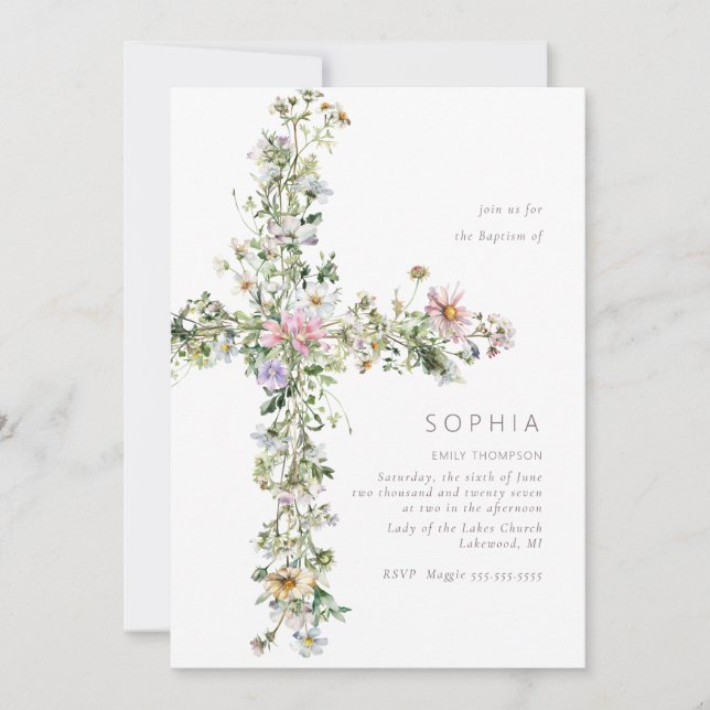 Meadow wildflower cross the Baptism Christening Invitation (Front)