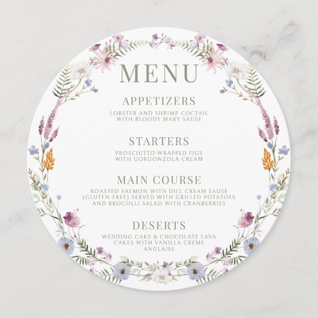 Meadow wildflower rustic round Menu Card For Plate (Front)