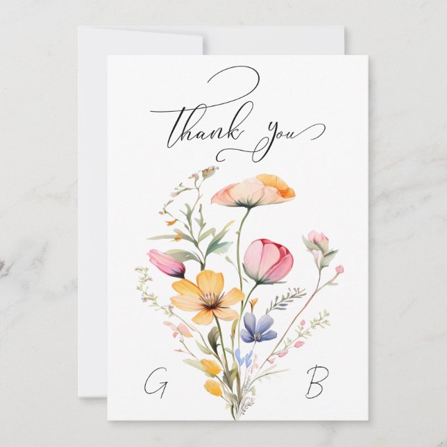 Meadow Wildflower Wedding Monogram Thank You Card (Front)