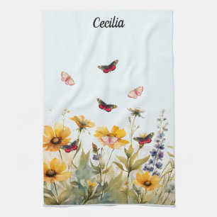 Meadow Wildflowers and Butterflies Tea Towel