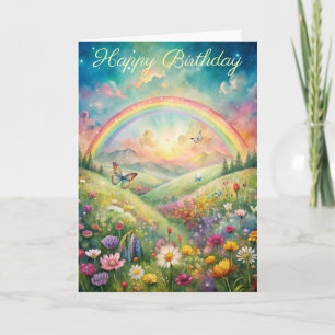 Meadow with Flowers and Butterflies and a Rainbow Card
