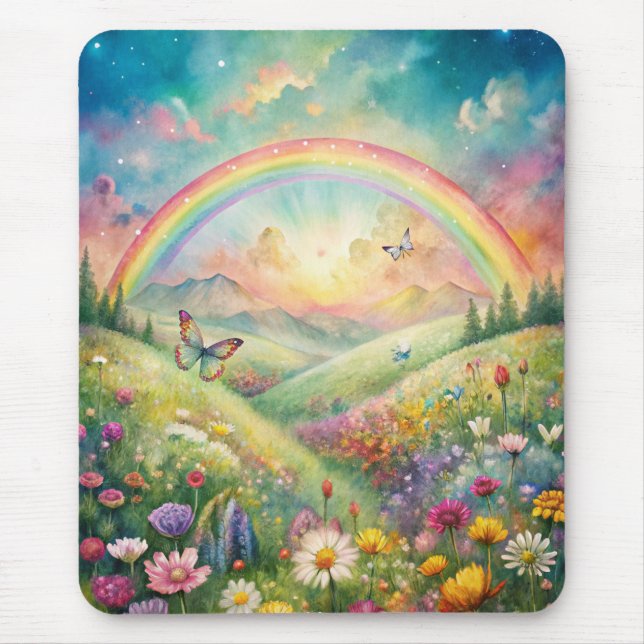 Meadow with Flowers and Butterflies and a Rainbow Mouse Pad (Front)