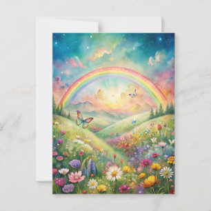 Meadow with Flowers and Butterflies and a Rainbow Postcard