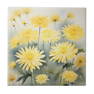 Meadow With Watercolor Chrysanthemums Ceramic Tile