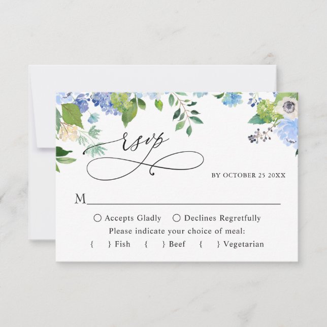 MEAL CHOICE Elegant Blue Hydrangea Wedding RSVP Card (Front)