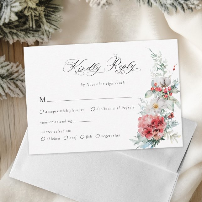 Meal Choice Elegant Christmas Floral Wedding RSVP Card (Creator Uploaded)