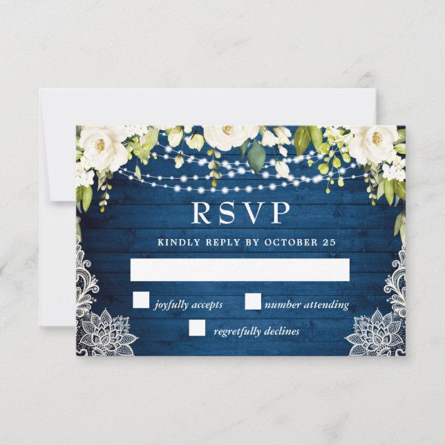 MEAL CHOICE Elegant White Roses Rustic Wedding RSVP Card (Front)