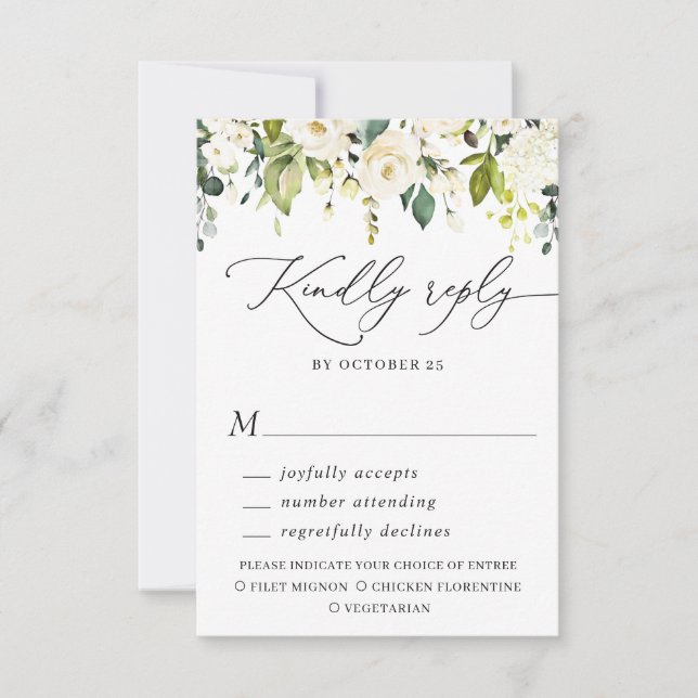 MEAL CHOICE Eucalyptus White Roses Floral Wedding RSVP Card (Front)