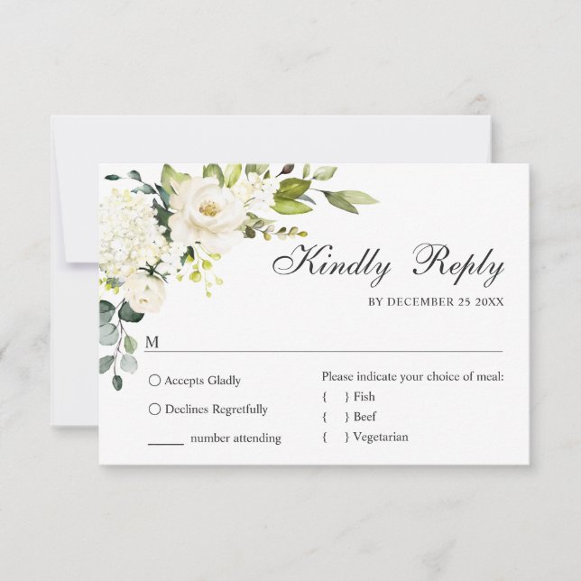MEAL CHOICE Eucalyptus White Roses Floral Wedding RSVP Card (Front)