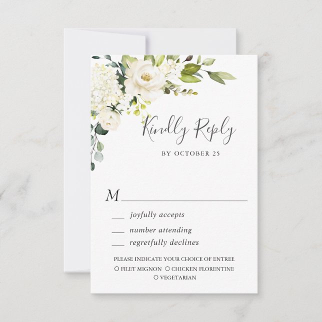 MEAL CHOICE Eucalyptus White Roses Floral Wedding RSVP Card (Front)