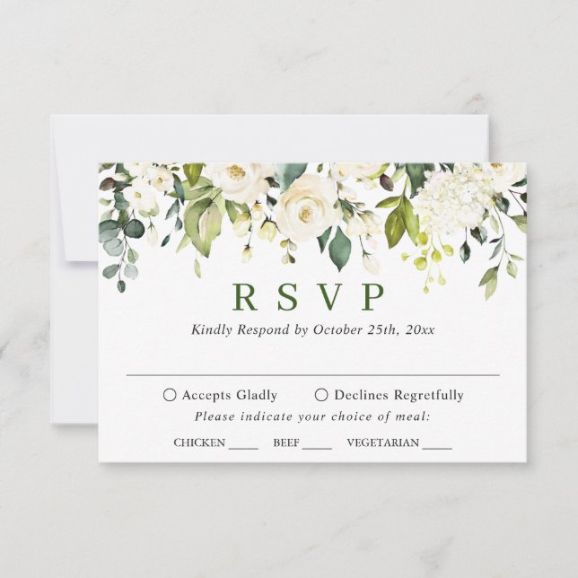 MEAL CHOICE Eucalyptus White Roses Floral Wedding RSVP Card (Front)