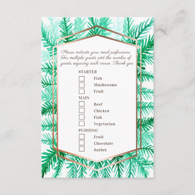 Meal choice winter event green pine needles art enclosure card (Front)