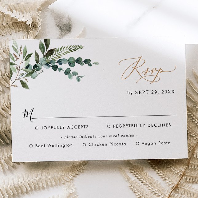 Meal Options Simple Modern Greenery Gold Wedding RSVP Card (Creator Uploaded)