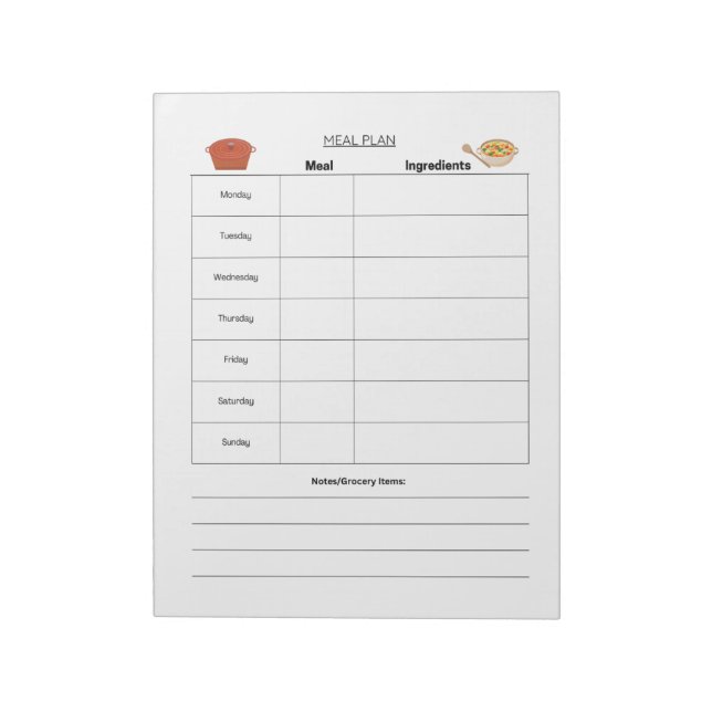Meal Plan Weekly Page Notepad (Rotated)