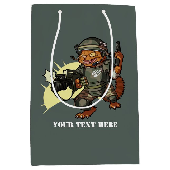 Mean Sci-fi Marine Ginger Cat Firing Gun Cartoon Medium Gift Bag (Front)