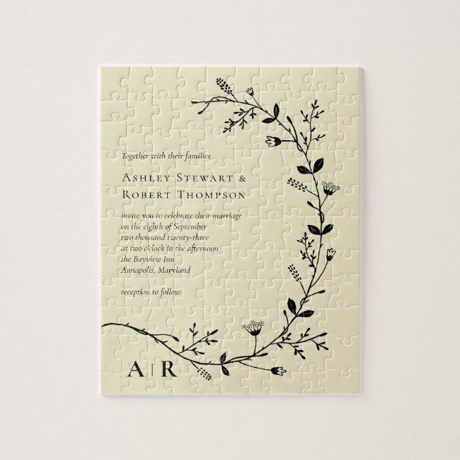 Meandering Vine Scroll Modern Wedding Invitation Jigsaw Puzzle (Vertical)