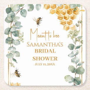 Meant to Bee Honeycomb Eucalyptus Bridal Shower Square Paper Coaster