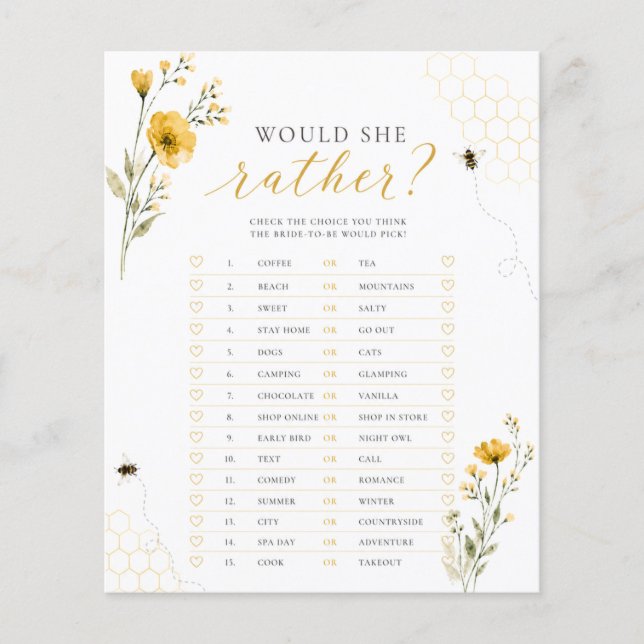 Meant to Bee Would She Rather Bridal Shower Game (Front)