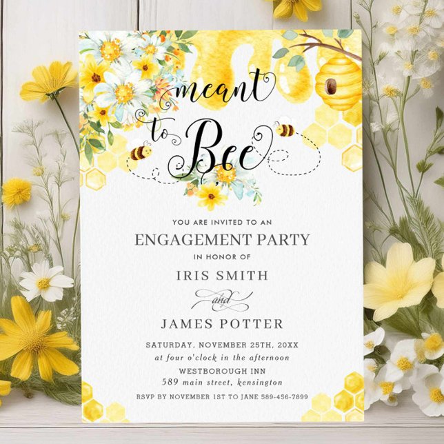 Meant to Bee Yellow Floral Honey Bees Engagement Invitation (Creator Uploaded)