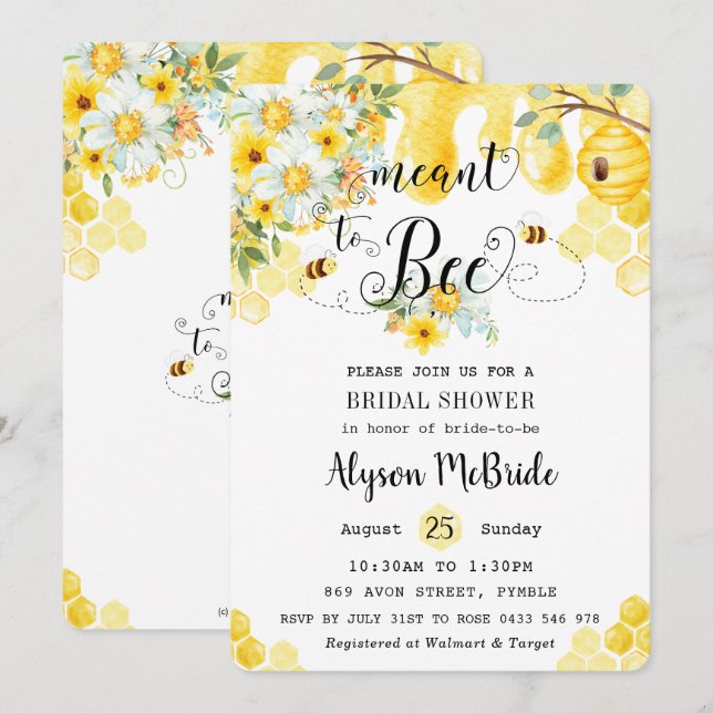 Meant to Bee Yellow Floral Honey Bridal Shower Invitation (Front/Back)