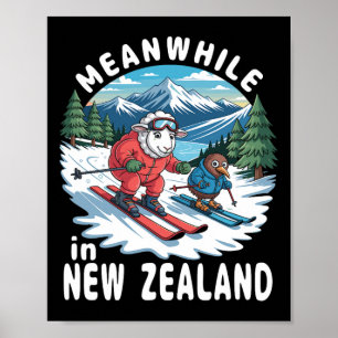 Meanwhile In New Zealand Kiwi Sheep Skiing Winter  Poster