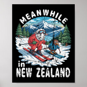 Meanwhile In New Zealand Kiwi Sheep Skiing Winter Poster