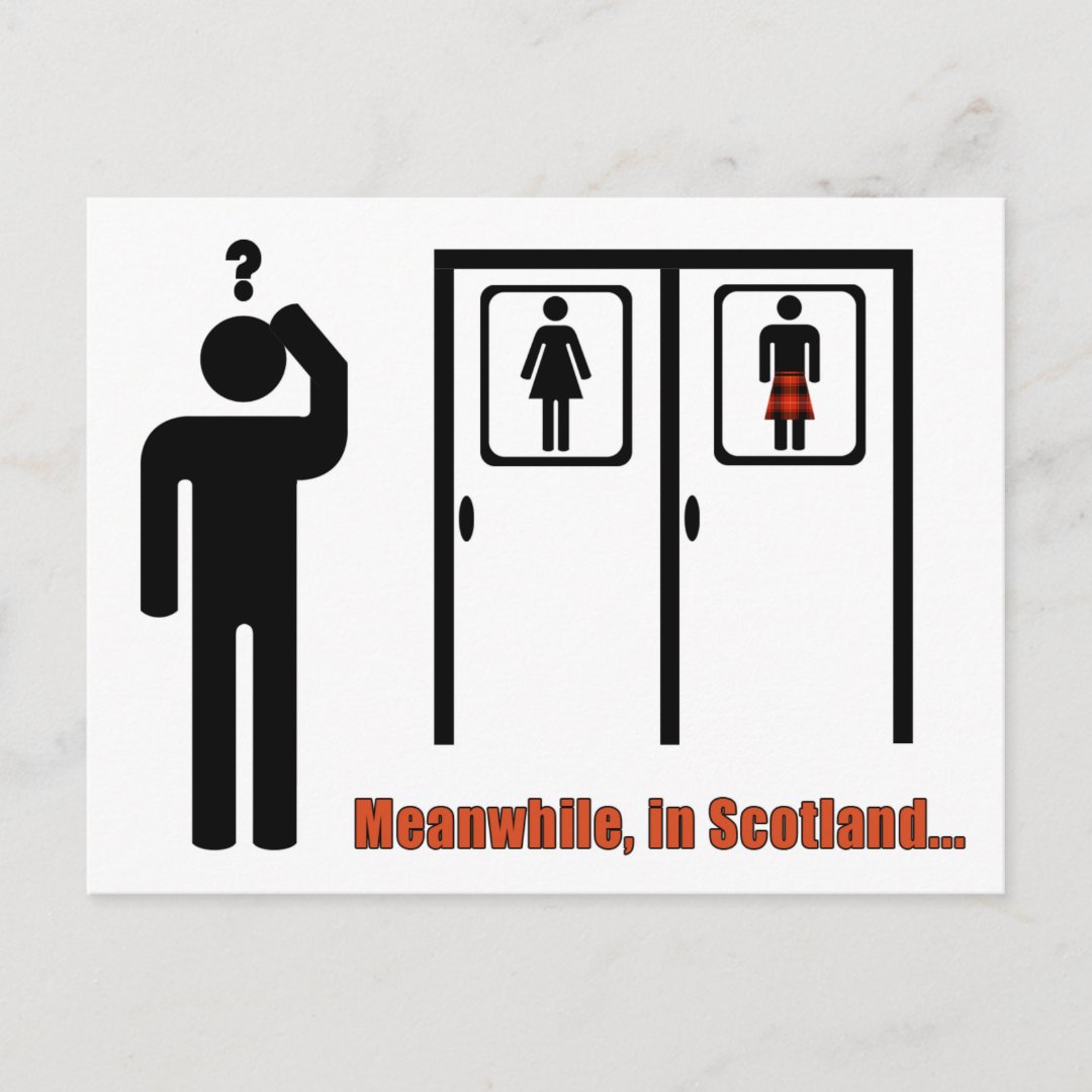 Meanwhile, in Scotland funny Scottish kilt joke Postcard Zazzle