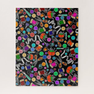 Measure Twice Cut Once Sewing Supplies on Black Jigsaw Puzzle