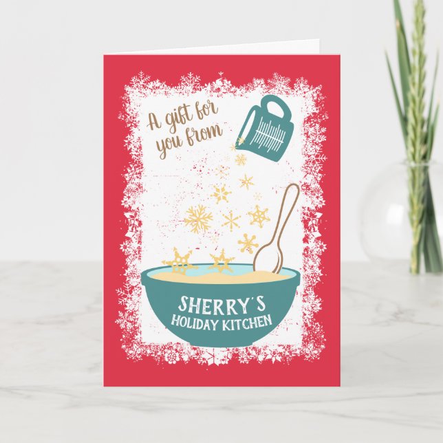 Measuring cup pouring snowflakes Christmas baking Holiday Card (Front)