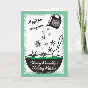 Measuring cup pouring snowflakes Christmas baking Holiday Card