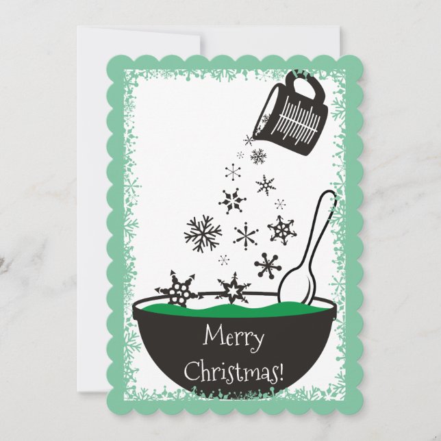 Measuring cup pouring snowflakes Christmas baking Holiday Card (Front)