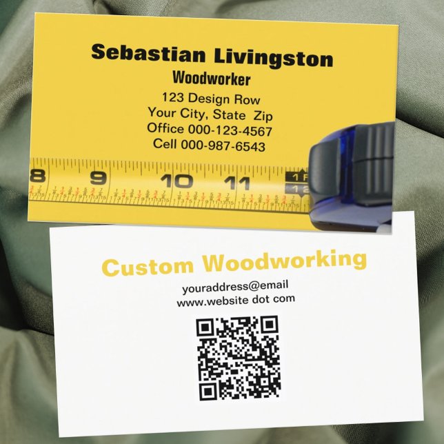 Measuring Tape Woodworking Professional QR Code Business Card (Double-sided view of trades style business card with yellow measuring tape design. )