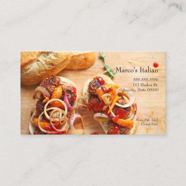 Meatball sandwiches with onions and peppers business card (Front)
