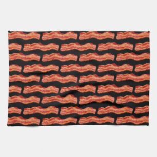Meaty Bacon Pattern Black Background Tea Towel