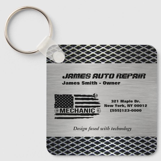 Mechanic American Flag Auto Repair Business Logo Key Ring (Front)